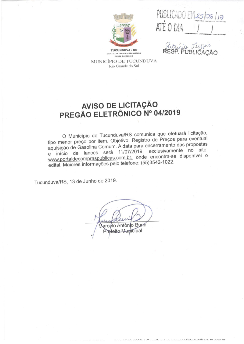 AVISO DE PE Nº 04/2019  - SRP - AQUISIÇÃO DE GASOLINA COMUM